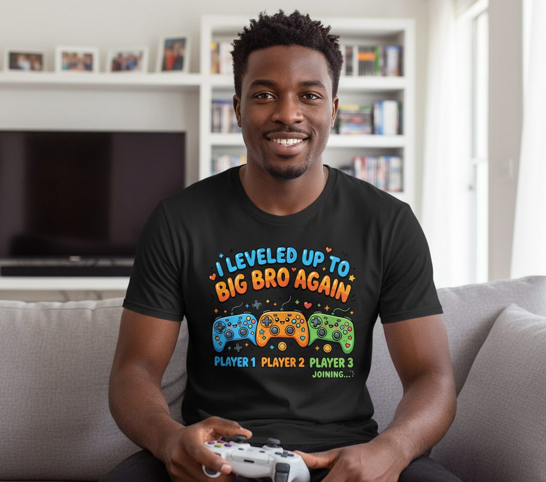 I Leveled UP TO BIG BRO AGAIN Brother Announcement T-Shirt - lifestyle model mockup - Black