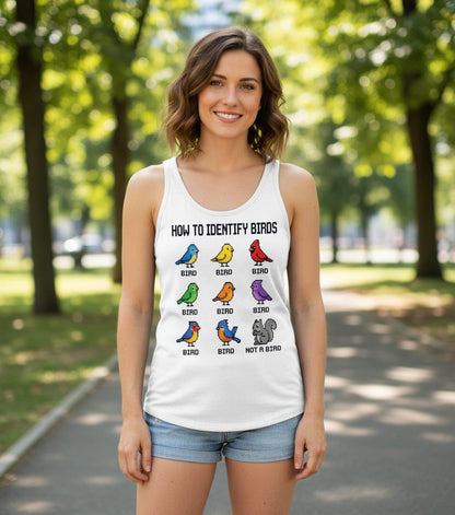 HOW TO Identify BIRDS Funny Birdwatching Tank Top - lifestyle model mockup - White