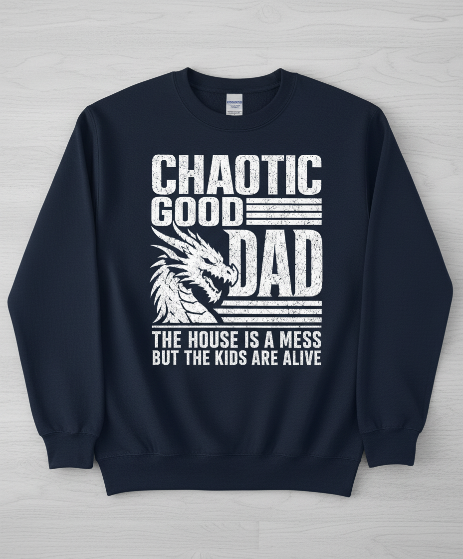 CHAOTIC GOOD DAD THE HOUSE IS A MESS BUT THE KIDS ARE ALIVE Funny Chaotic Good Dad Dragon Sweatshirt - product mockup - Navy