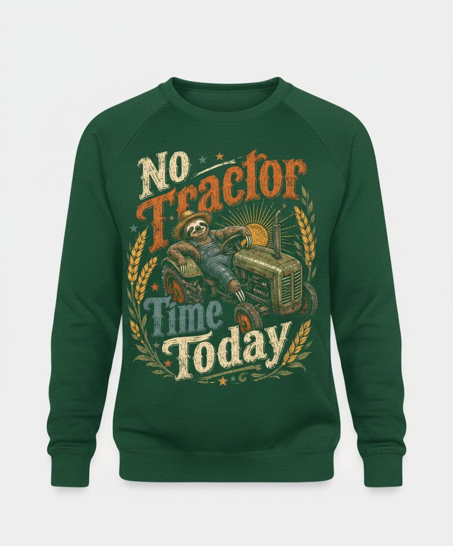 No Tractor Time Today Funny Sloth Sweatshirt - product mockup - Forest Green