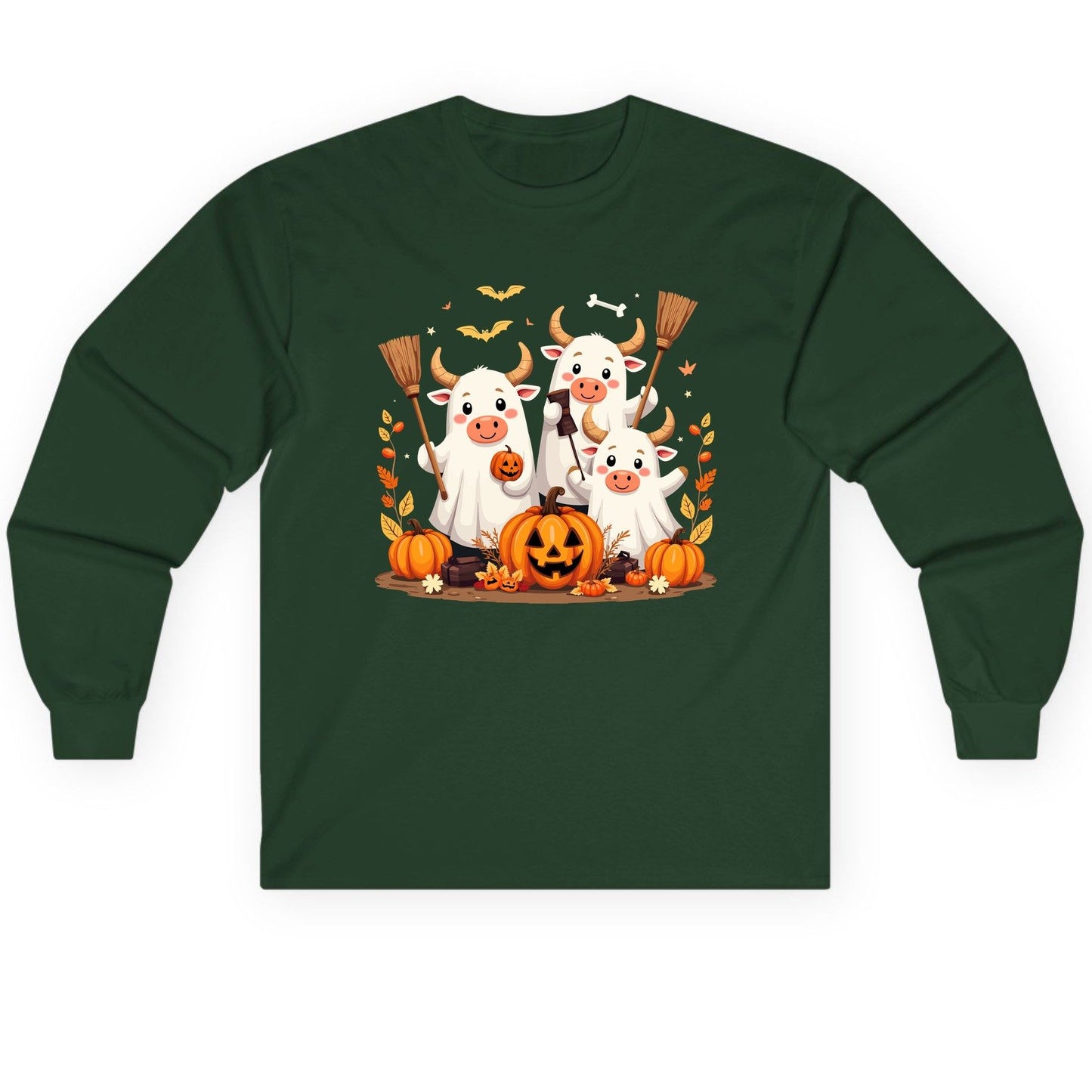 Cute Ghost Cows Halloween cows Long Sleeve Tee Forest Green product mockup