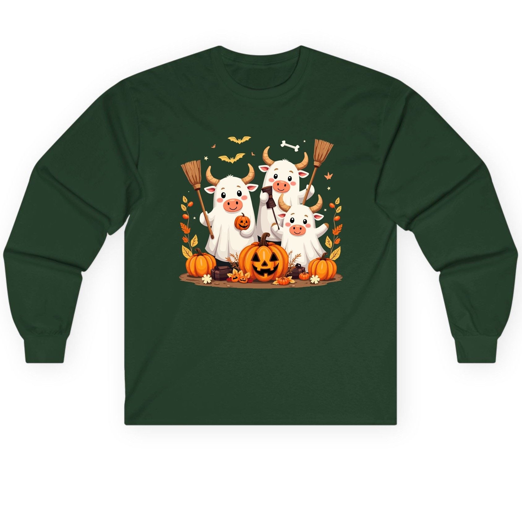 Cute Ghost Cows Halloween cows Long Sleeve Tee Forest Green product mockup