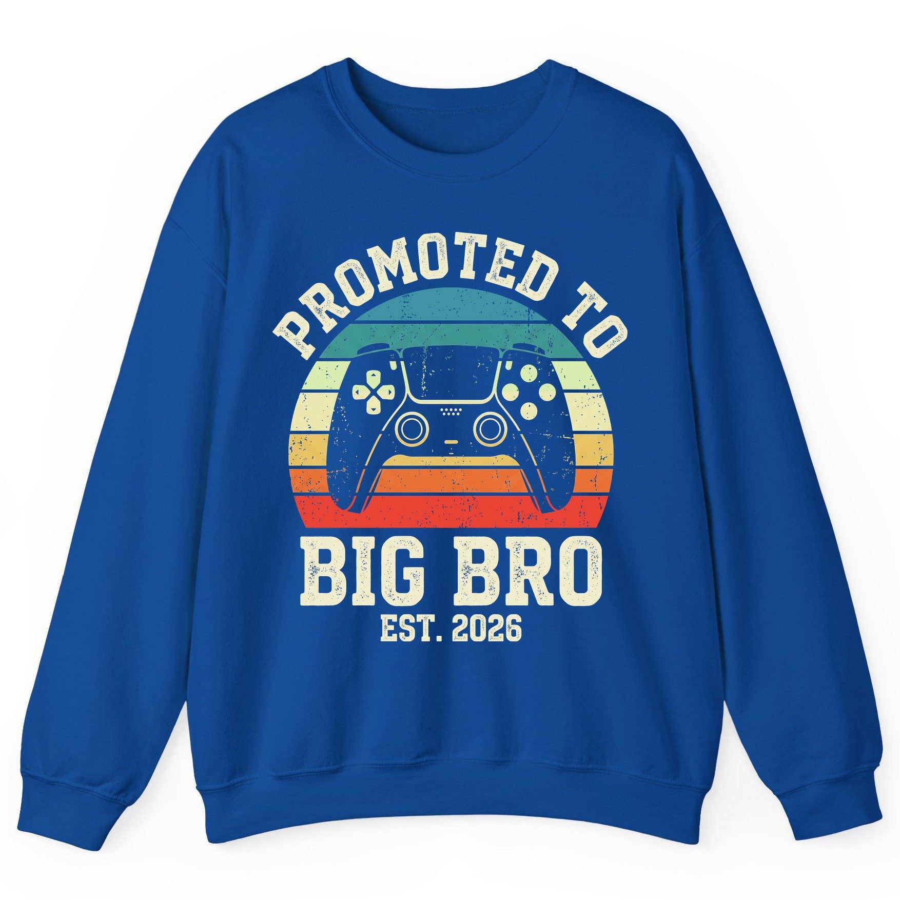 Promoted TO BIG BRO EST 2026 Retro Gaming Sweatshirt - product mockup - Royal