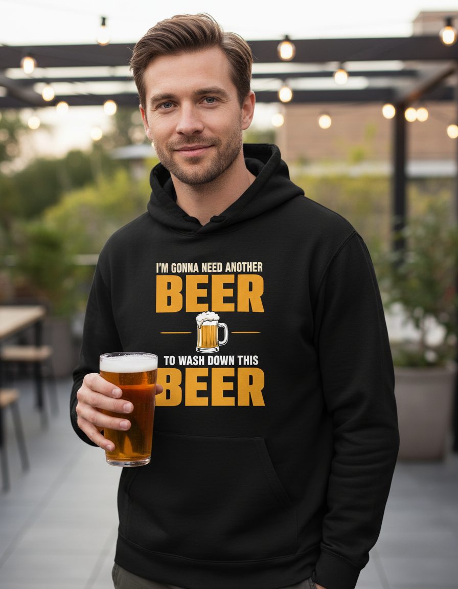 I'm Gonna Need Another Beer to Wash Down This Beer beer drinking Hoodie Black lifestyle mockup