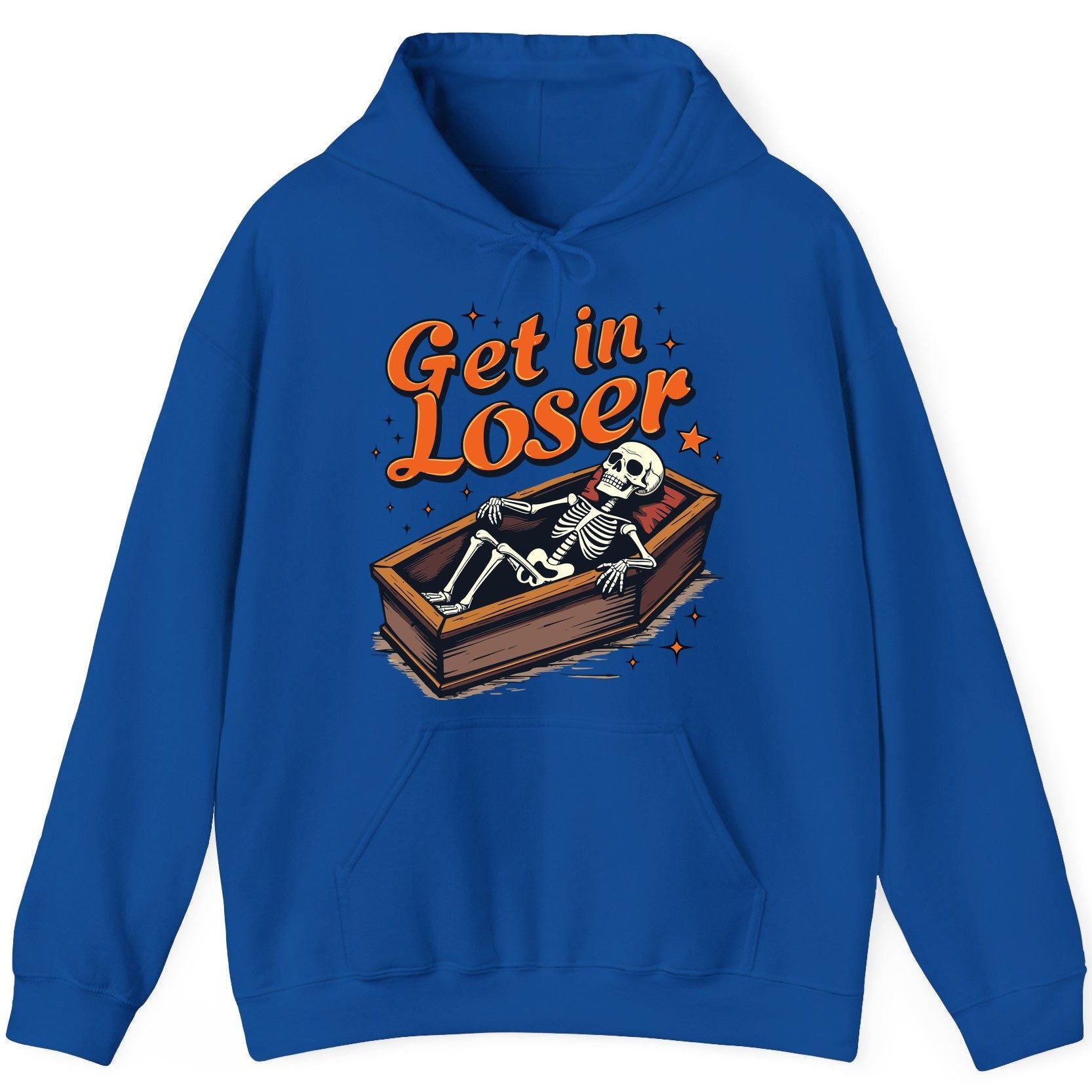 Get in Loser skeleton in coffin Hoodie Royal product mockup