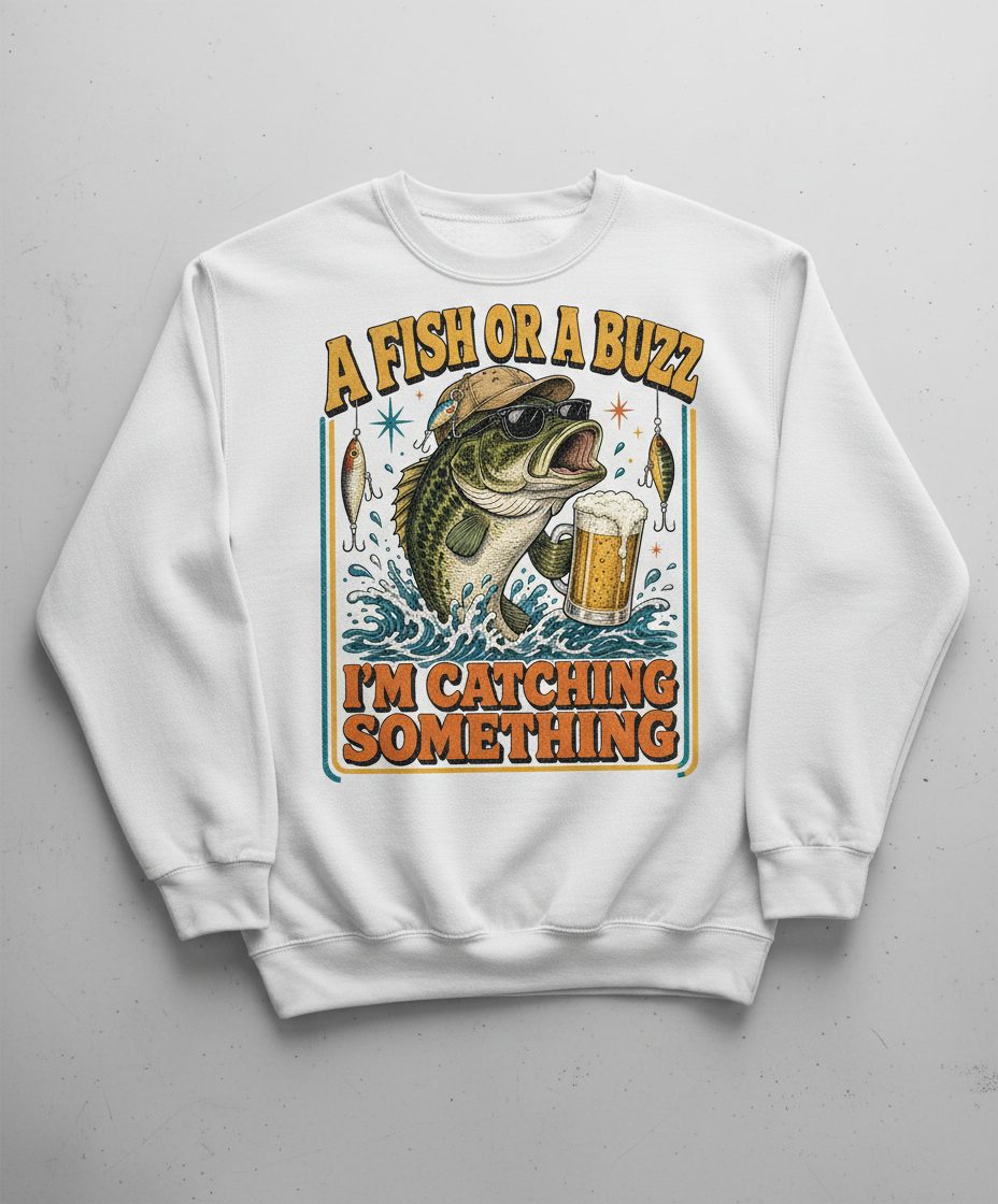 A FISH OR a BUZZ I'M Catching Something Funny Fishing Sweatshirt - product mockup - White