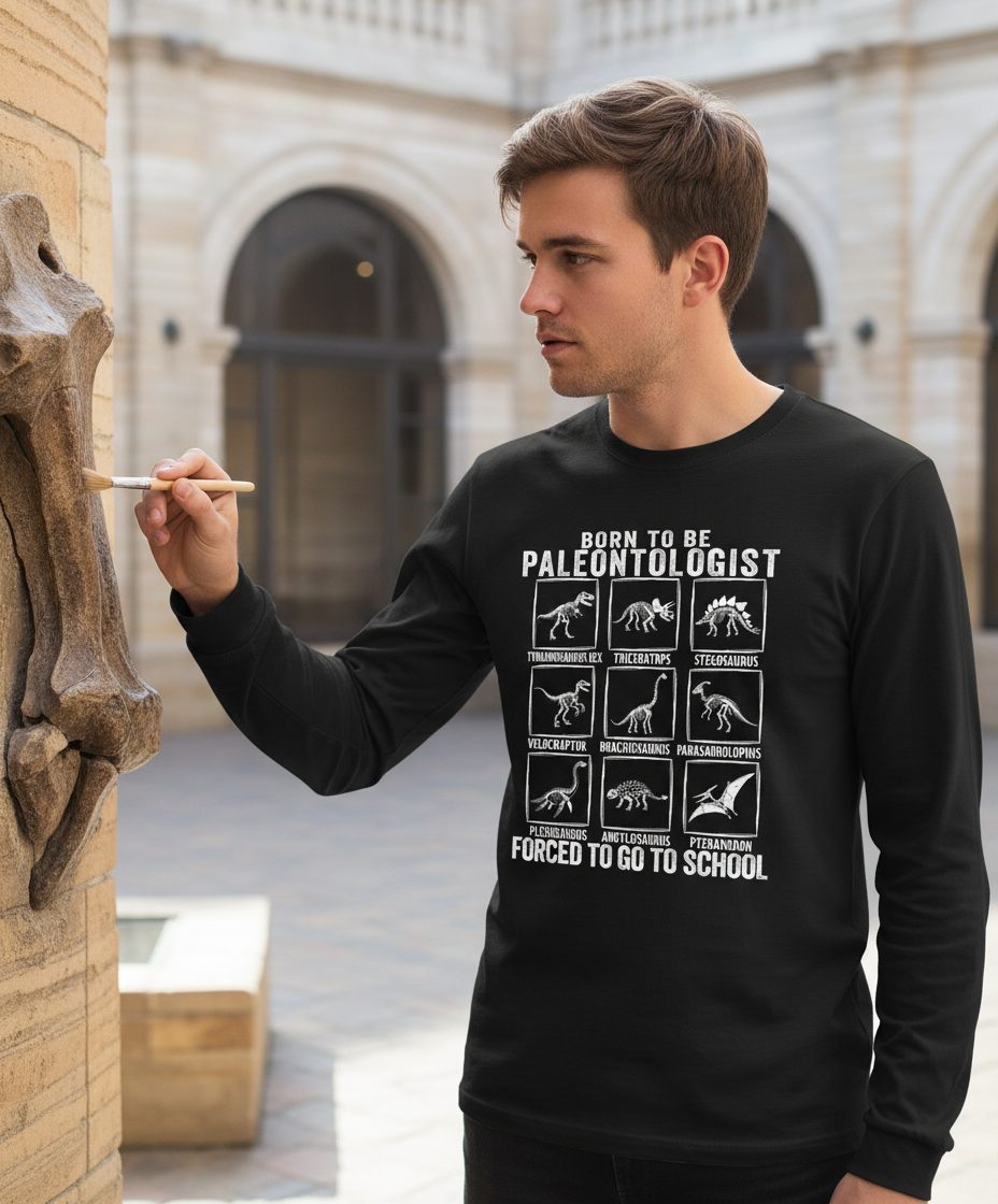 Born to Be Paleontologist Forced to Go to School paleontology Long Sleeve Tee Black lifestyle mockup