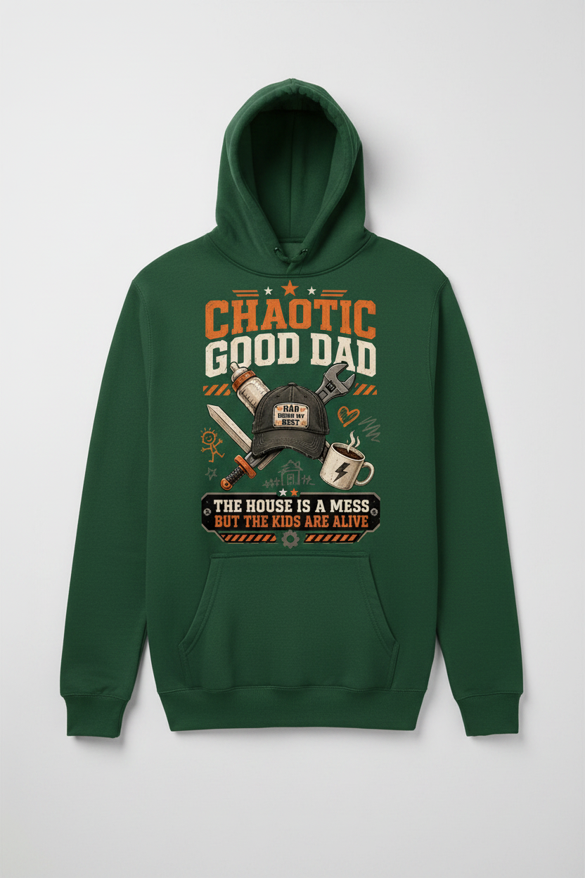 Chaotic Good Dad. The House Is A Mess But The Kids Are Alive. Funny Chaotic Good Dad Hoodie - product mockup - Forest Green
