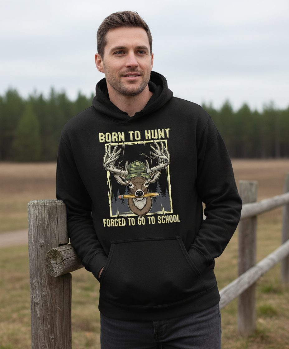 Born to Hunt Forced to Go to School hunting Hoodie Black lifestyle mockup