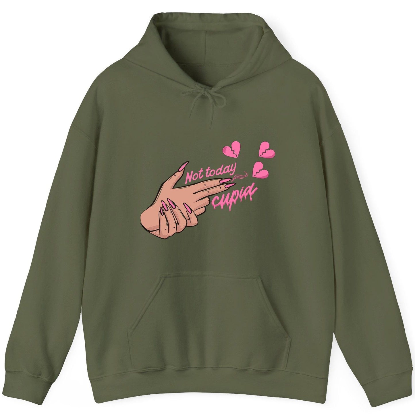 Not Today Cupid anti-Valentine's Day Hoodie Military Green product mockup