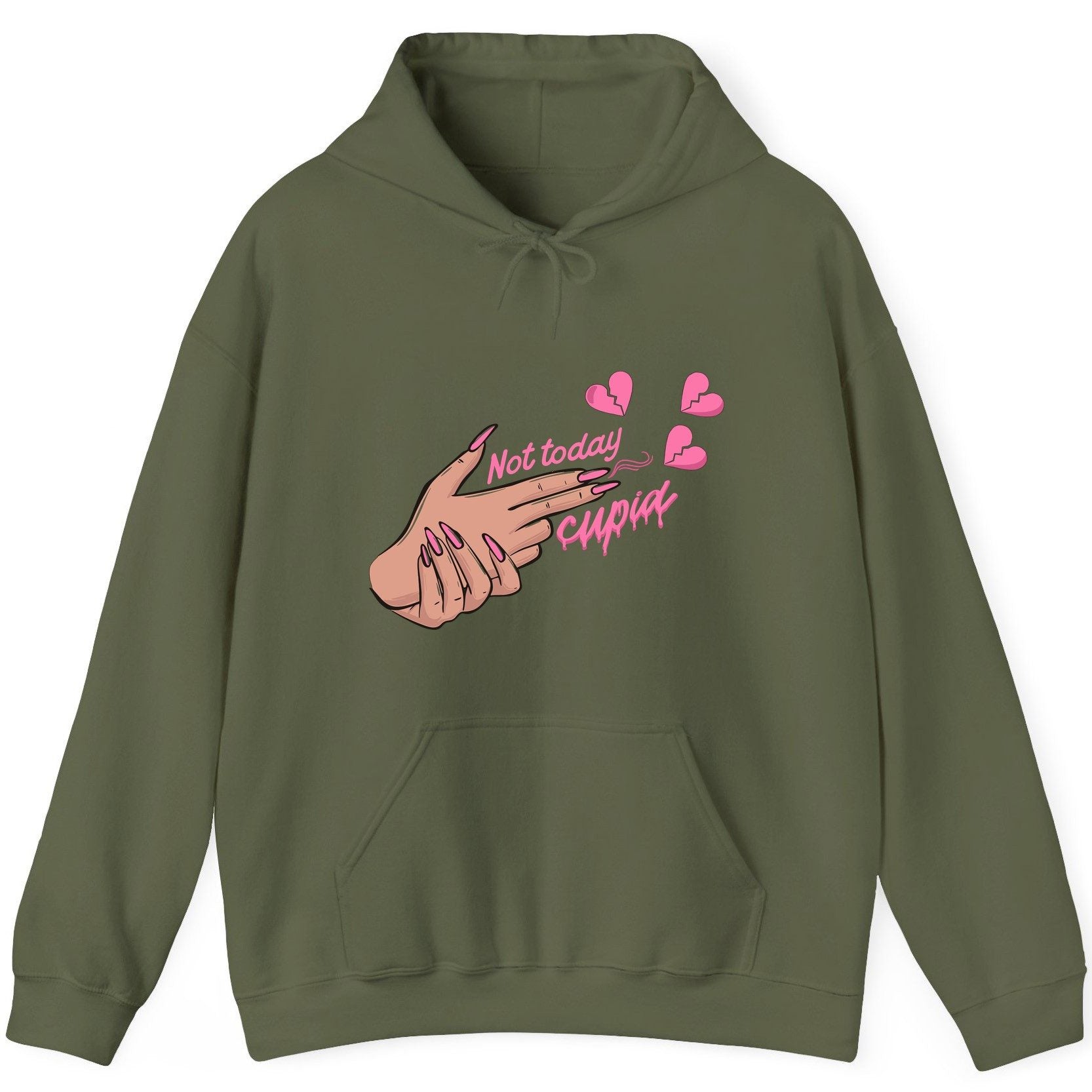 Not Today Cupid anti-Valentine's Day Hoodie Military Green product mockup