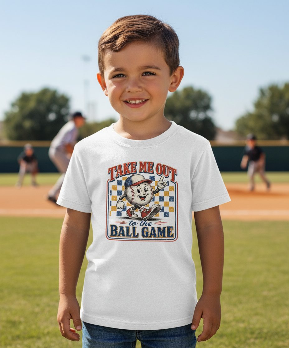 Take Me Out to the Ball Game Retro Baseball Youth T-Shirt - lifestyle model mockup - White