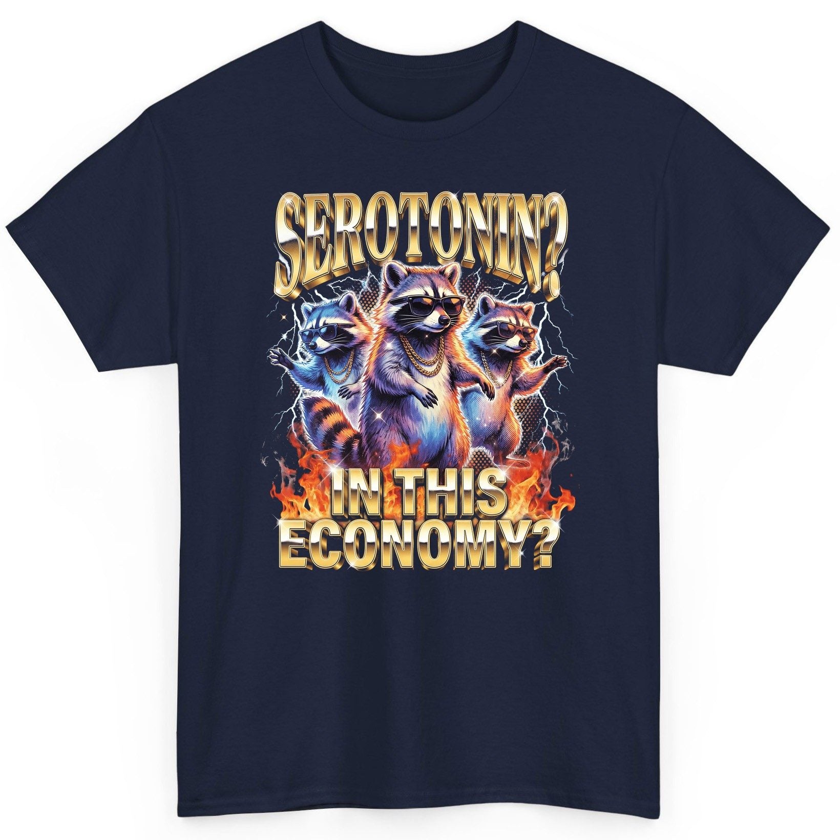 Serotonin in This Economy? raccoon T-Shirt Navy product mockup