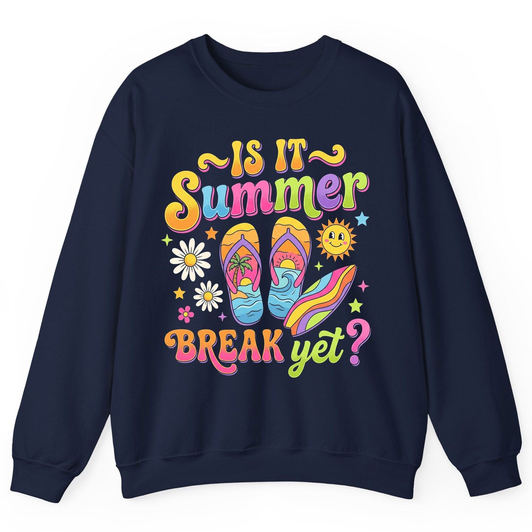 Is It Summer Break Yet Retro Vacation Sweatshirt - product mockup - Navy