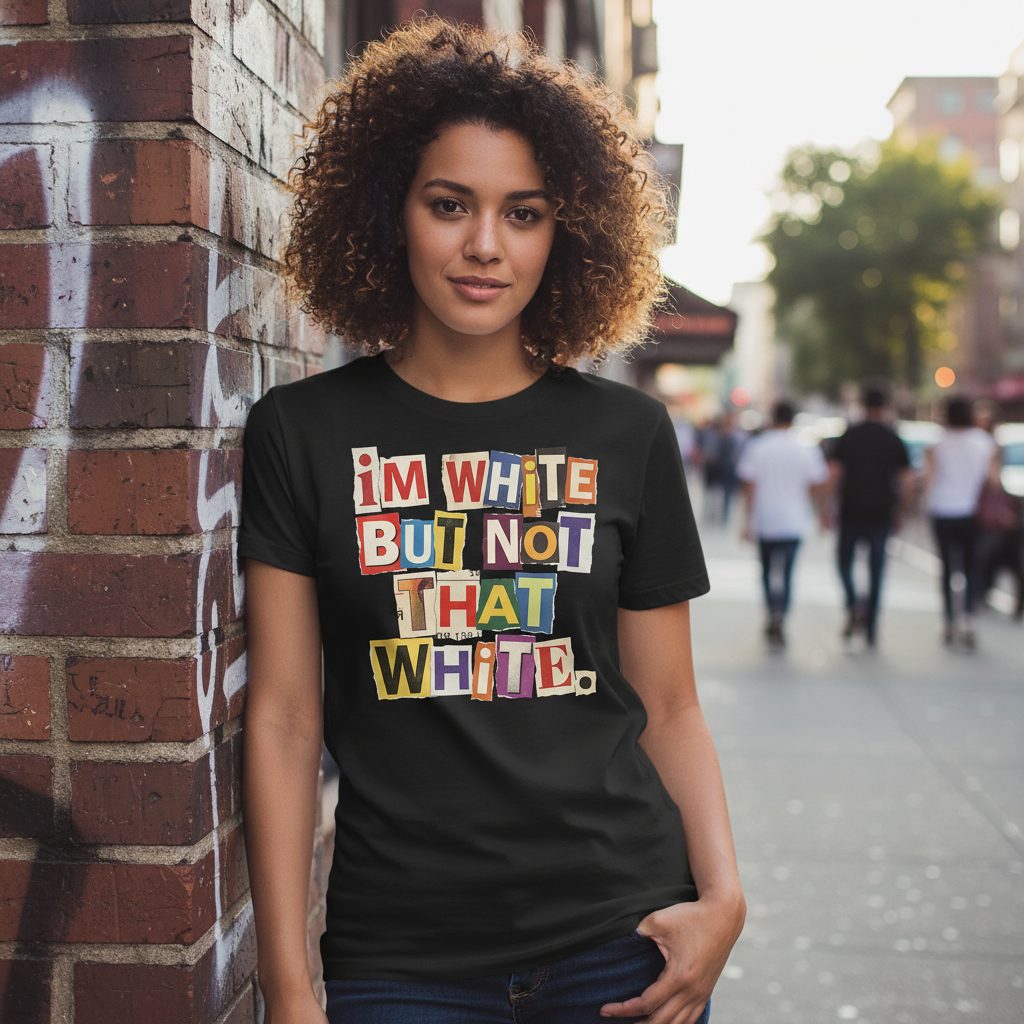 I'M WHITE BUT NOT THAT WHITE Funny Social Commentary T-Shirt - lifestyle model mockup - Black