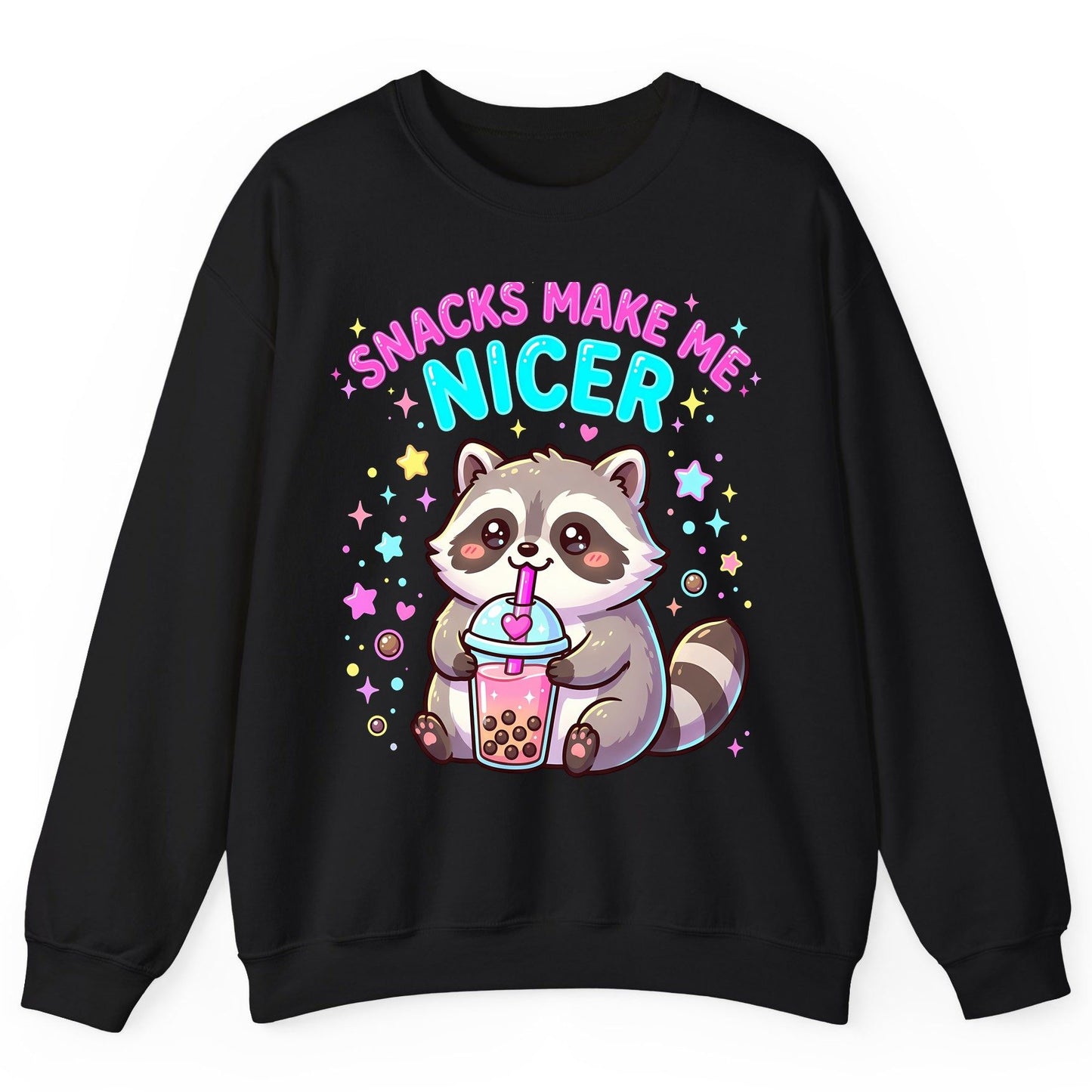 SNACKS MAKE ME NICER Funny Raccoon Sweatshirt - product mockup - Black