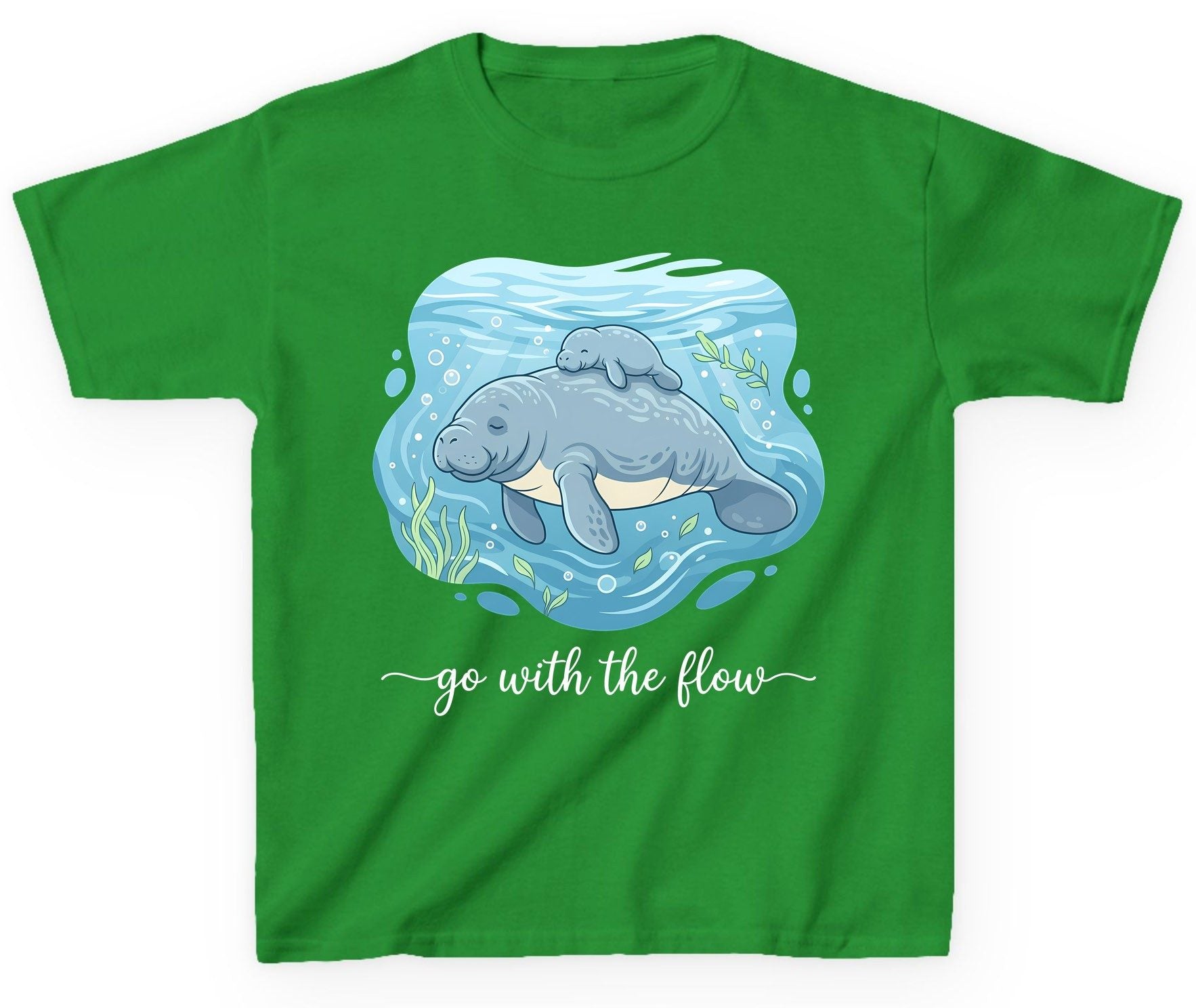 Go with the Flow Manatee Youth T-Shirt - product mockup - Irish Green