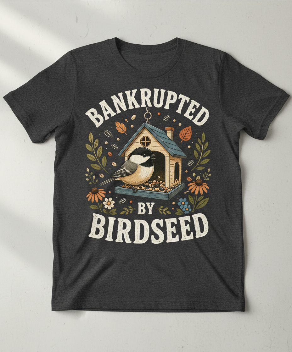 Bankrupted By Birdseed Funny T-Shirt - product mockup - Dark Heather