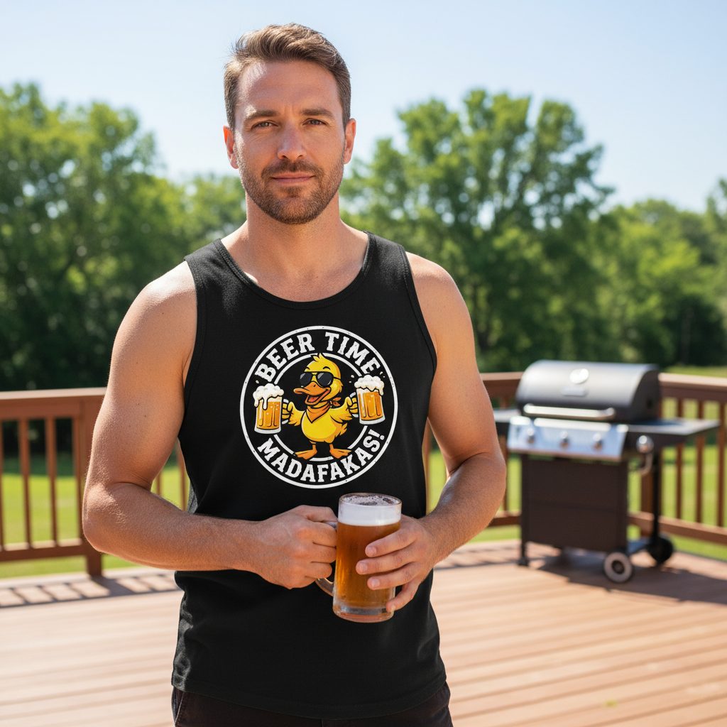 BEER TIME MADAFFAKAS! Funny Duck drinking beer Beer Time Madafakas Duck Tank Top - lifestyle model mockup - Black