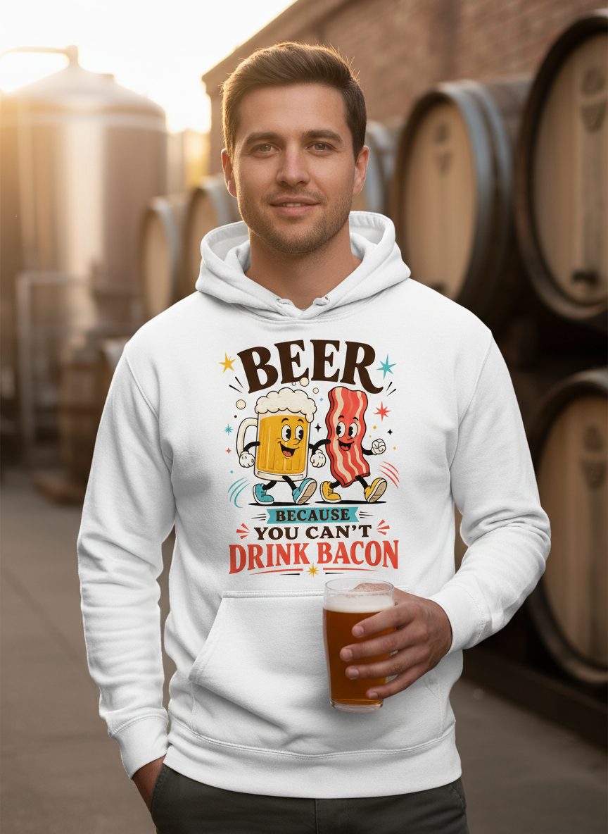 You Can't Drink Bacon Beer and Funny Lovers Hoodie - lifestyle model mockup - White