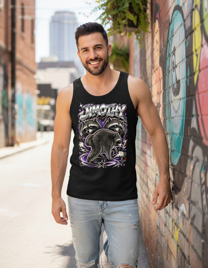 Jimothy Funny Raccoon Tank Top - lifestyle model mockup - Black