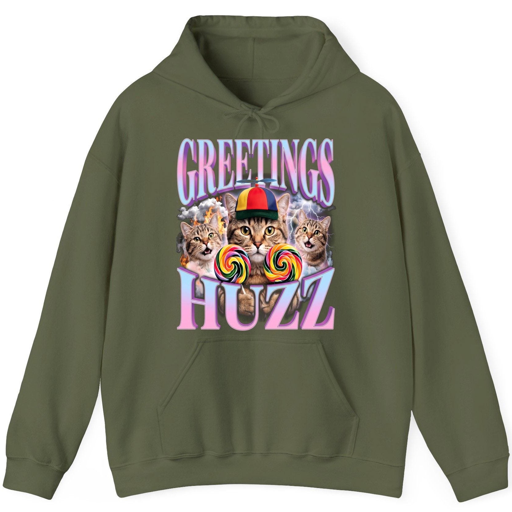 Greetings Huzz Funny Cats Hoodie - product mockup - Military Green