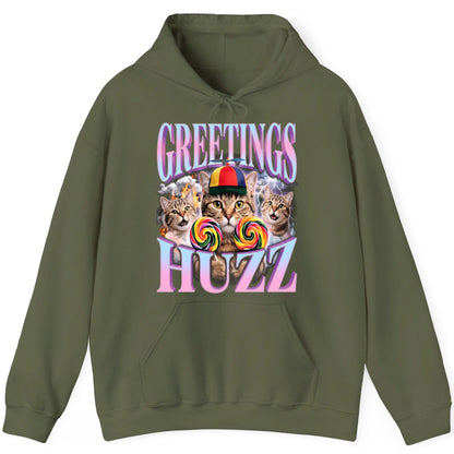 Greetings Huzz Funny Cats Hoodie - product mockup - Military Green