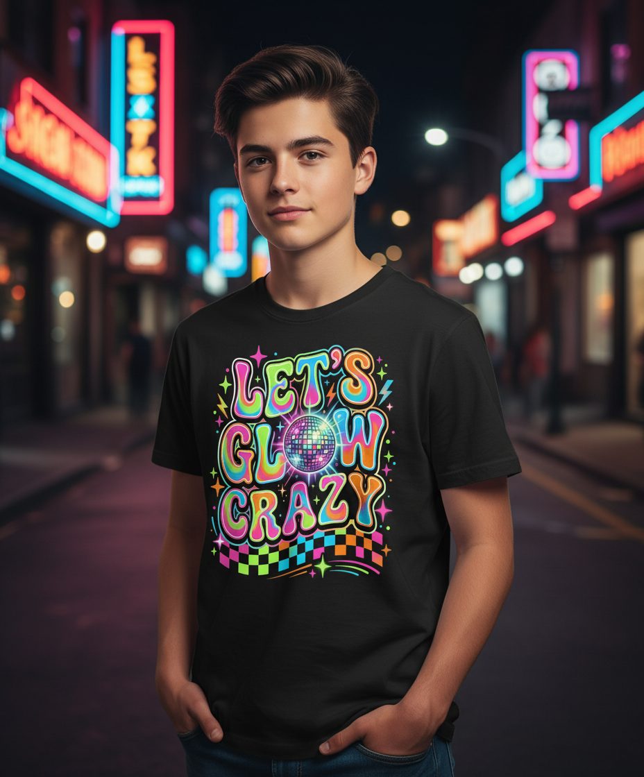 Let's Glow Crazy Retro Party Youth T-Shirt - lifestyle model mockup - Black