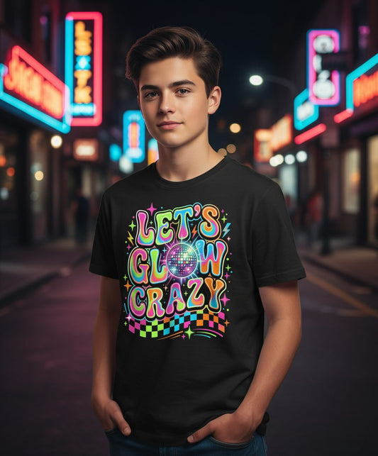 Let's Glow Crazy Retro Party Youth T-Shirt - lifestyle model mockup - Black