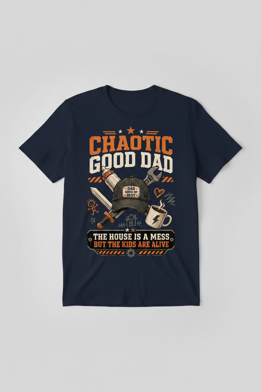 Chaotic Good Dad. The House Is A Mess But The Kids Are Alive. Funny Chaotic Good Dad T-Shirt - product mockup - Navy