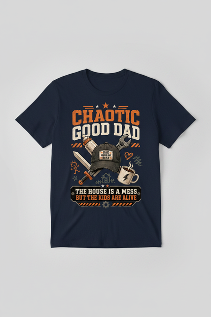 Chaotic Good Dad. The House Is A Mess But The Kids Are Alive. Funny Chaotic Good Dad T-Shirt - product mockup - Navy