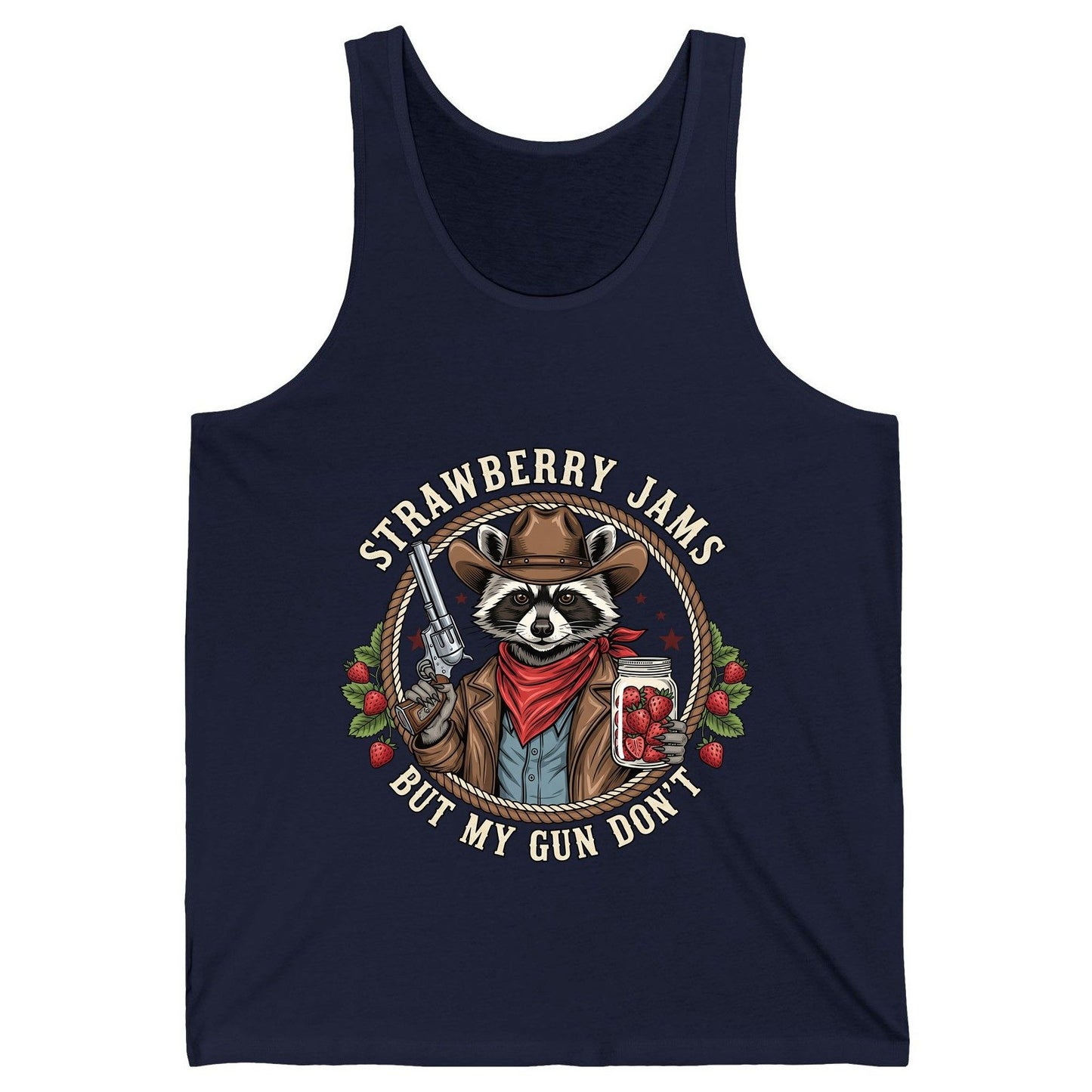 Strawberry Jams but My Gun Don't cowboy raccoon Tank Top Navy product mockup