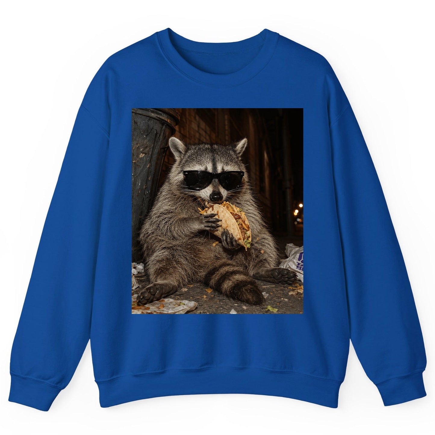 Raccoon Eating Taco Funny Animal Lovers Sweatshirt - product mockup - Royal