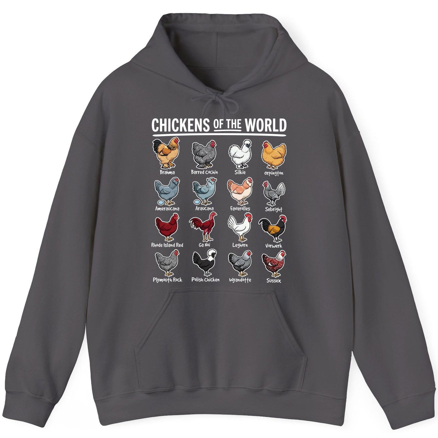 Chickens of the World chicken breeds Hoodie Charcoal product mockup