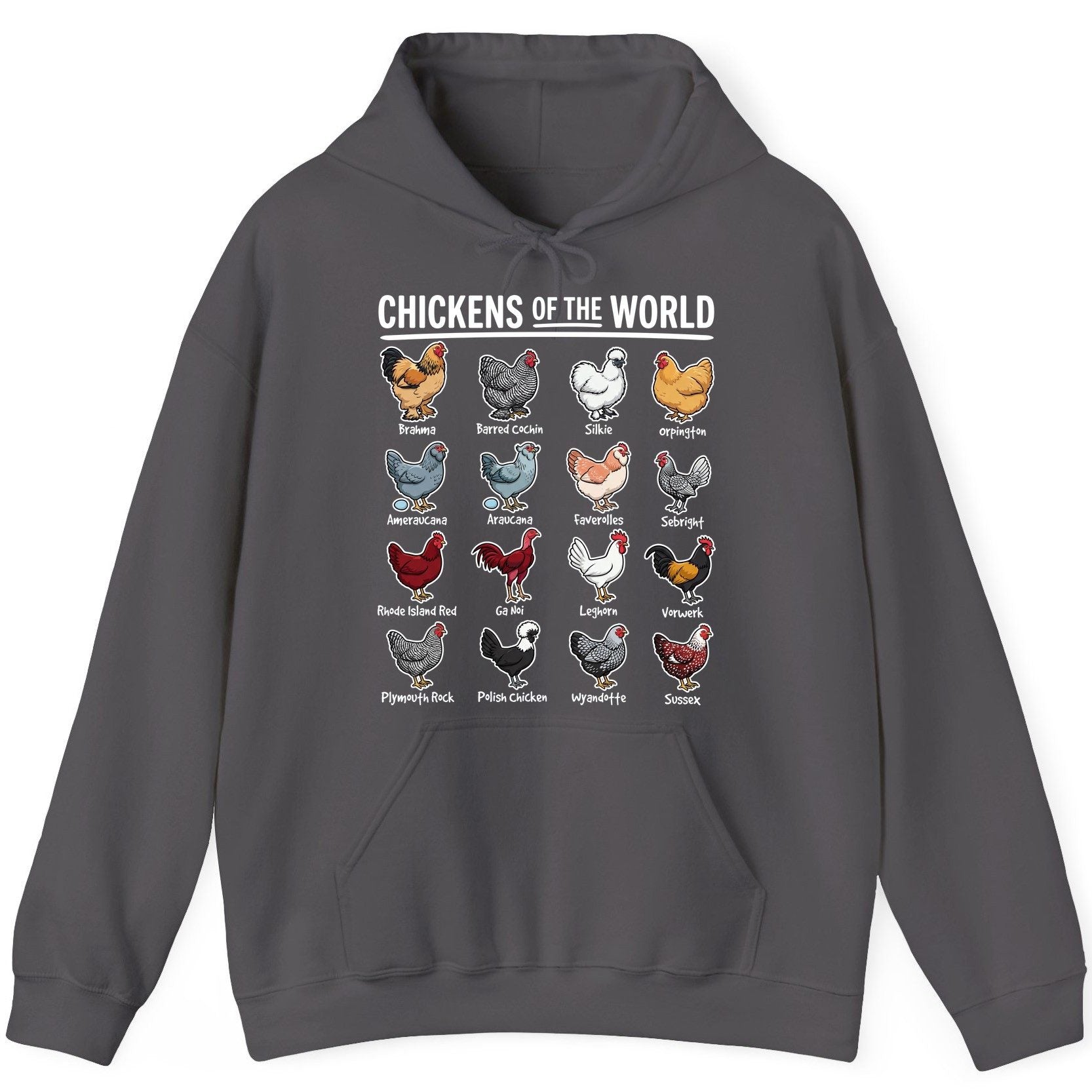 Chickens of the World chicken breeds Hoodie Charcoal product mockup