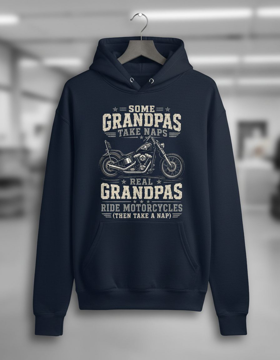 Some Grandpas Take Naps Real Grandpas Ride Motorcycles (then Take a Nap) Funny Biker Hoodie - product mockup - Navy