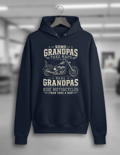 Some Grandpas Take Naps Real Grandpas Ride Motorcycles (then Take a Nap) Funny Biker Hoodie - product mockup - Navy