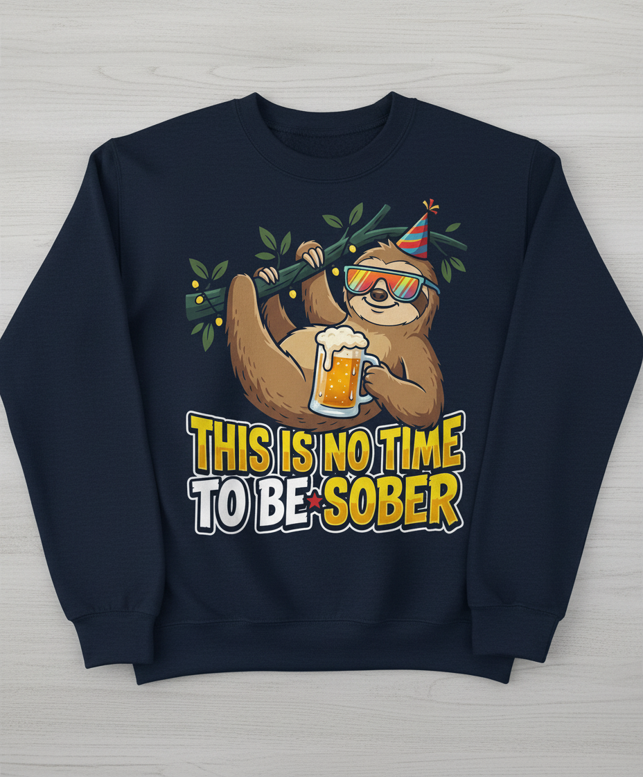 Funny Party Sloth Drinking Beer This Is No Time To Be Sober Sweatshirt - Navy