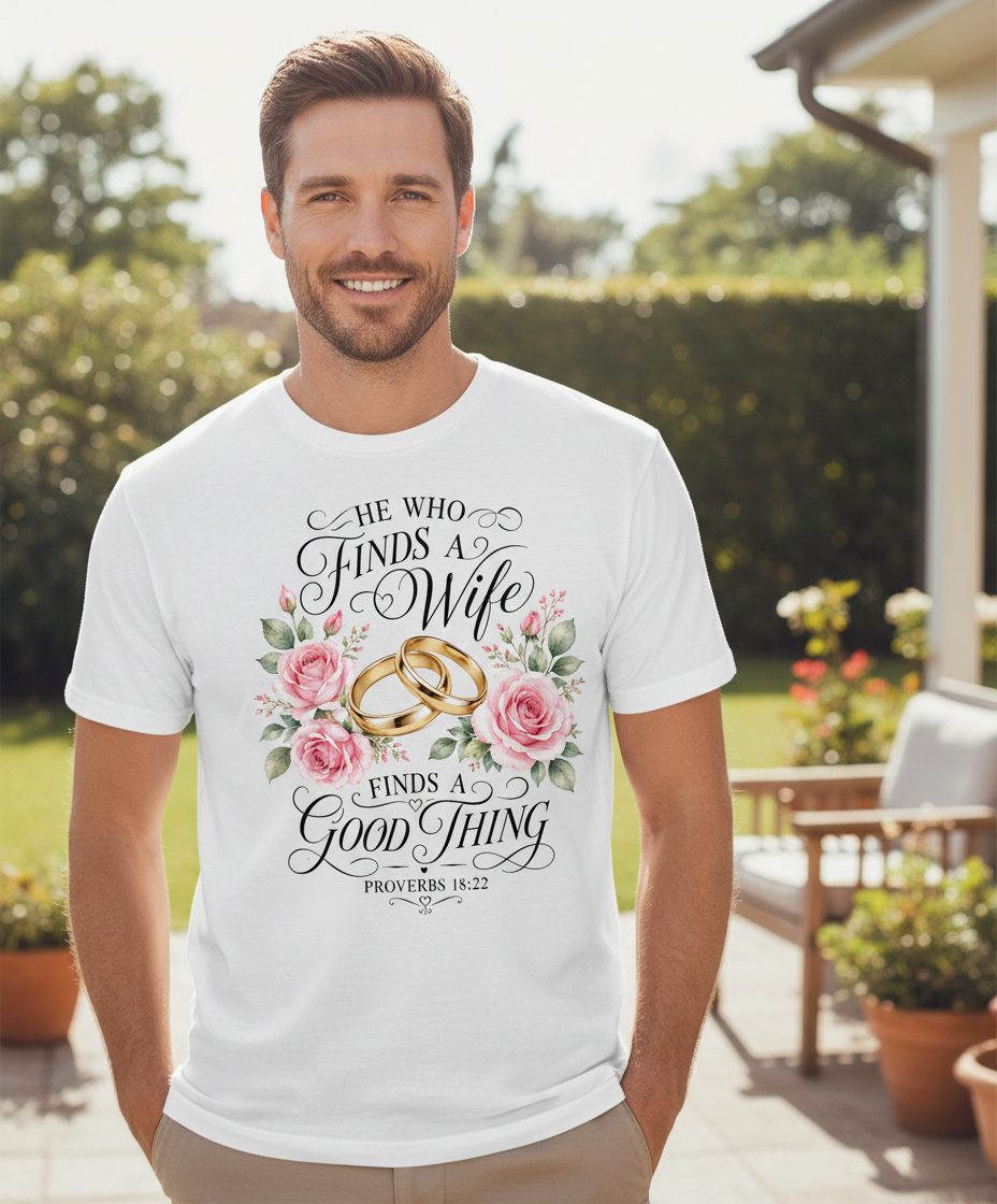 He Who Finds a Wife Finds a Good Thing Proverbs 18 22 T-Shirt - lifestyle model mockup - White