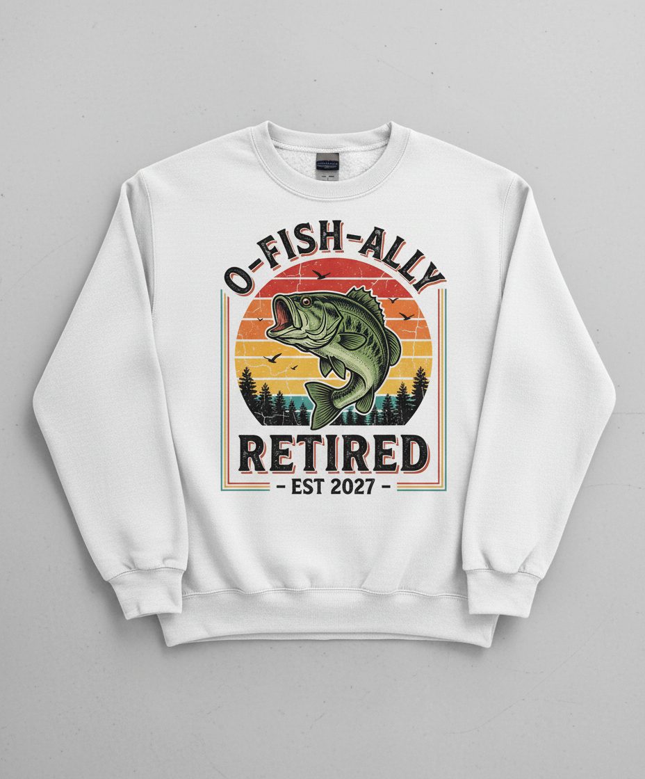 O-Fish-Ally Retired EST 2027 Funny Fishing Sweatshirt - product mockup - White