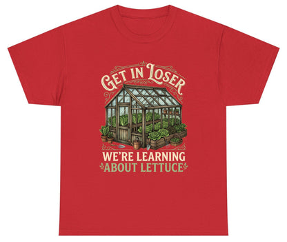 GET IN LOSER WE'RE Learning ABOUT Lettuce Youth T-Shirt - product mockup - Red