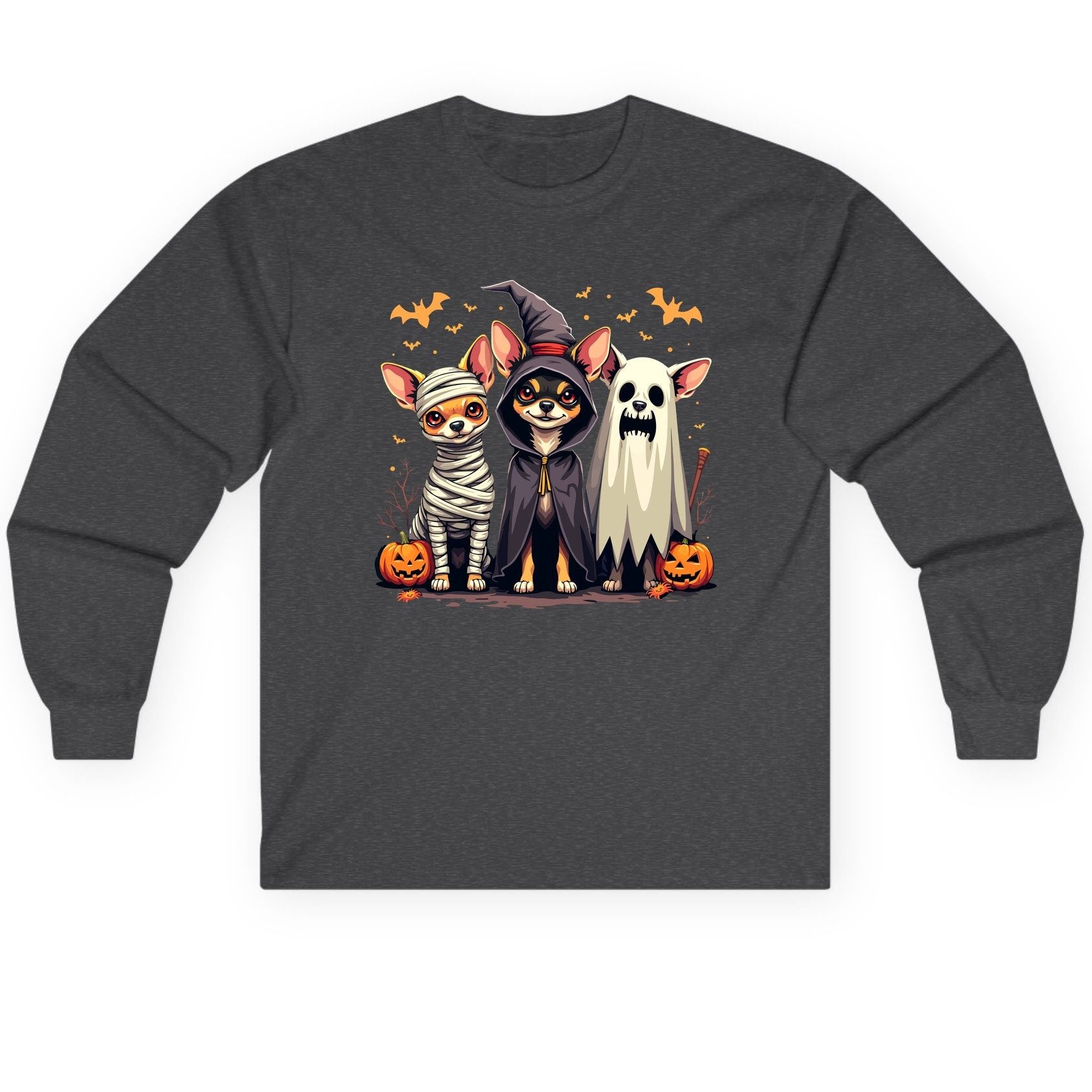 Chihuahua Halloween Costumes chihuahua dogs in Halloween costumes Long Sleeve Tee Dark Heather product mockup