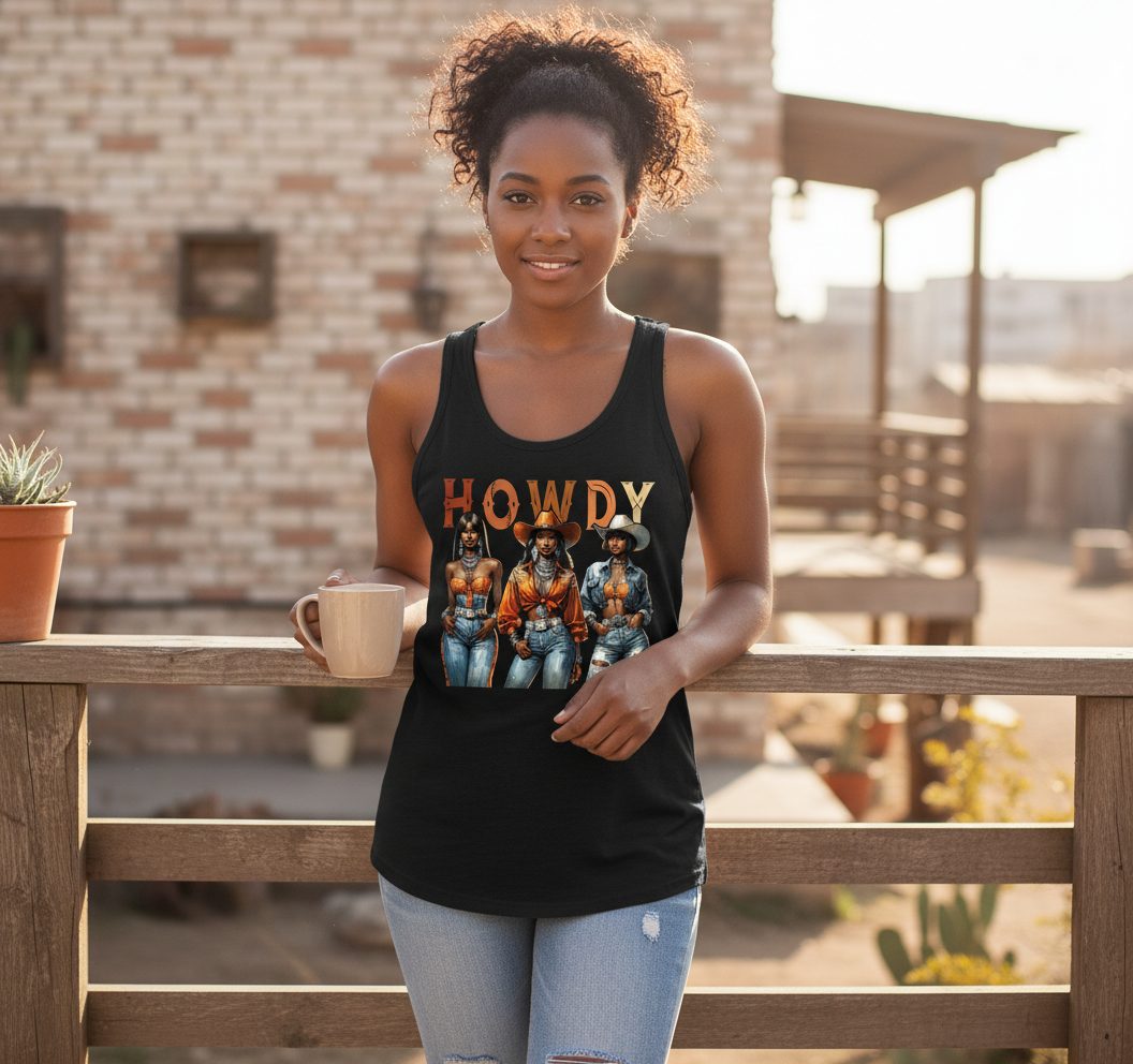 Howdy black cowgirls Tank Top Black lifestyle mockup
