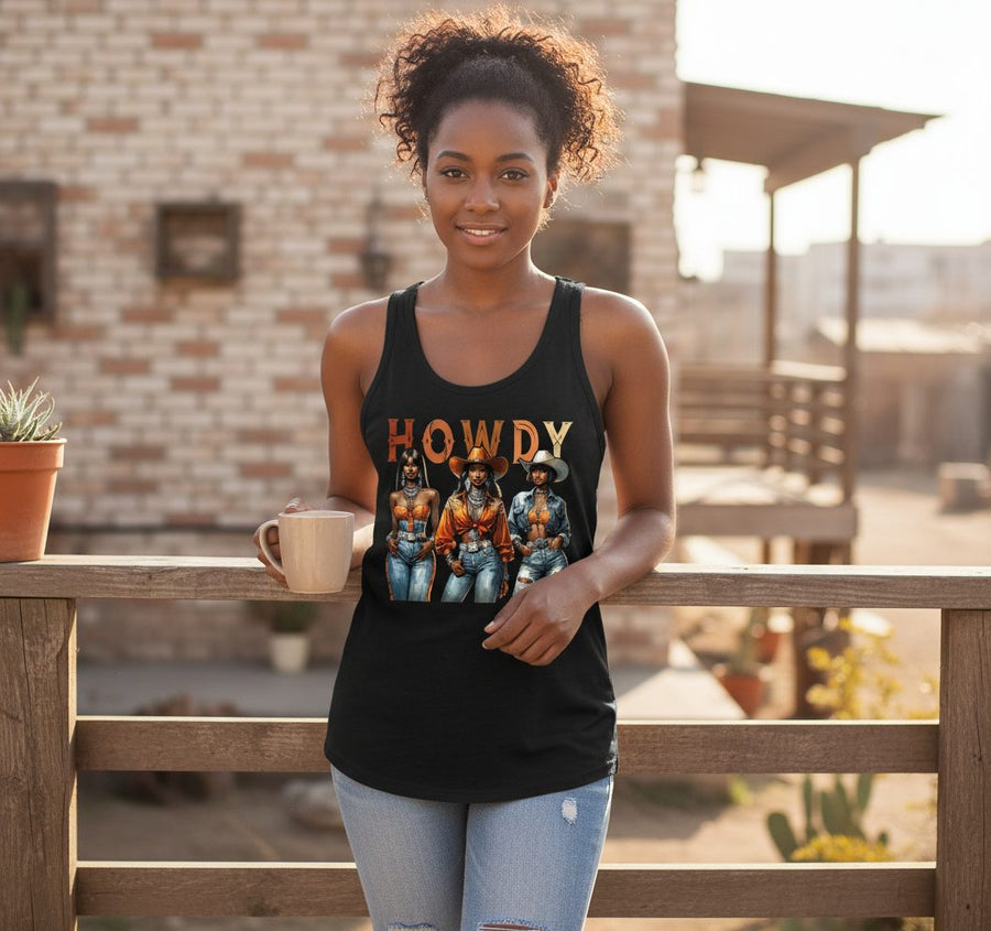Howdy black cowgirls Tank Top Black lifestyle mockup