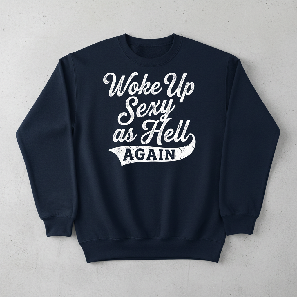 Woke Up Sexy As Hell Again Funny Sarcastic Quote Sweatshirt - Navy