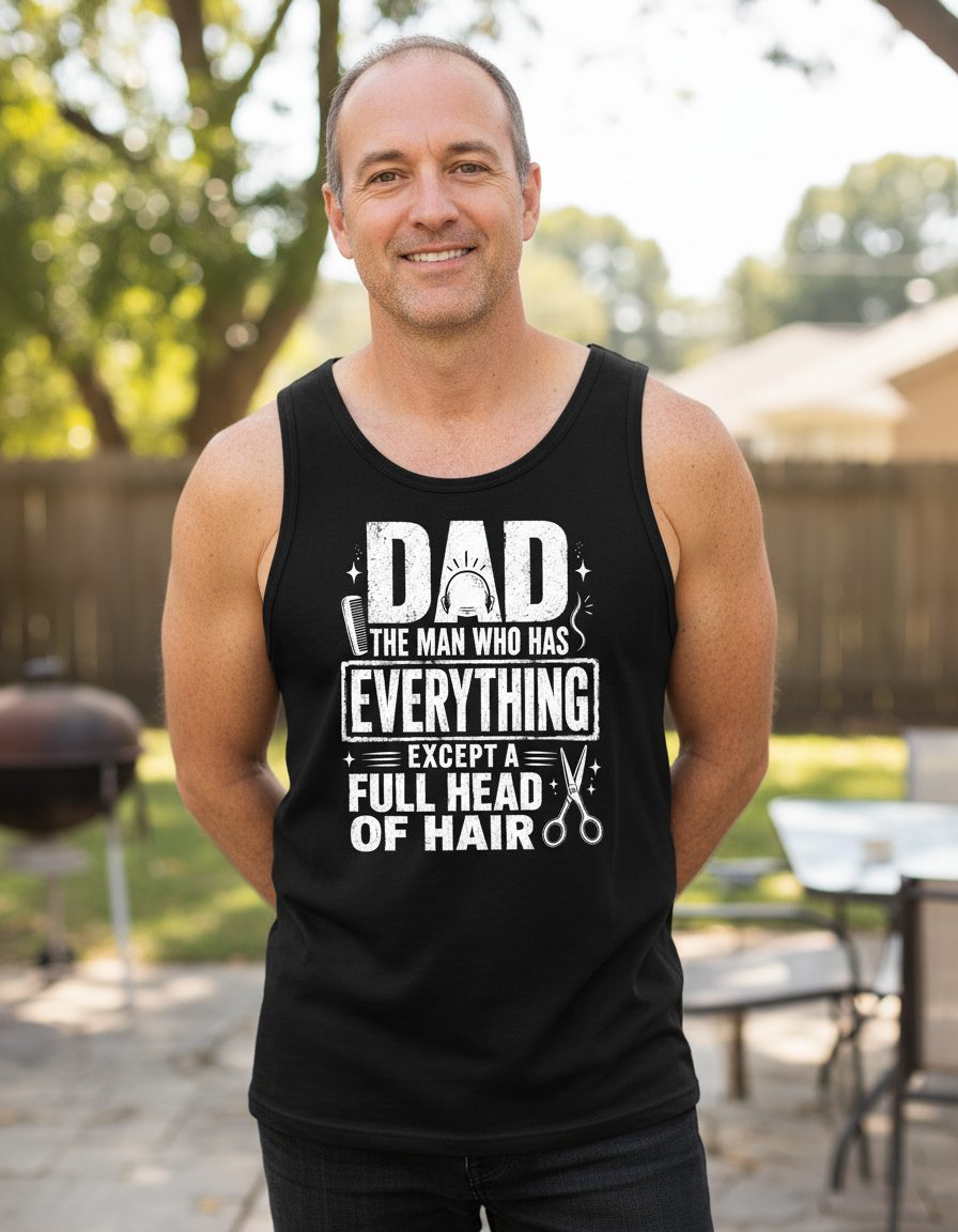 Dad the Man Who Has Everything Except a Full Head of Hair Funny Humor Tank Top - lifestyle model mockup - Black