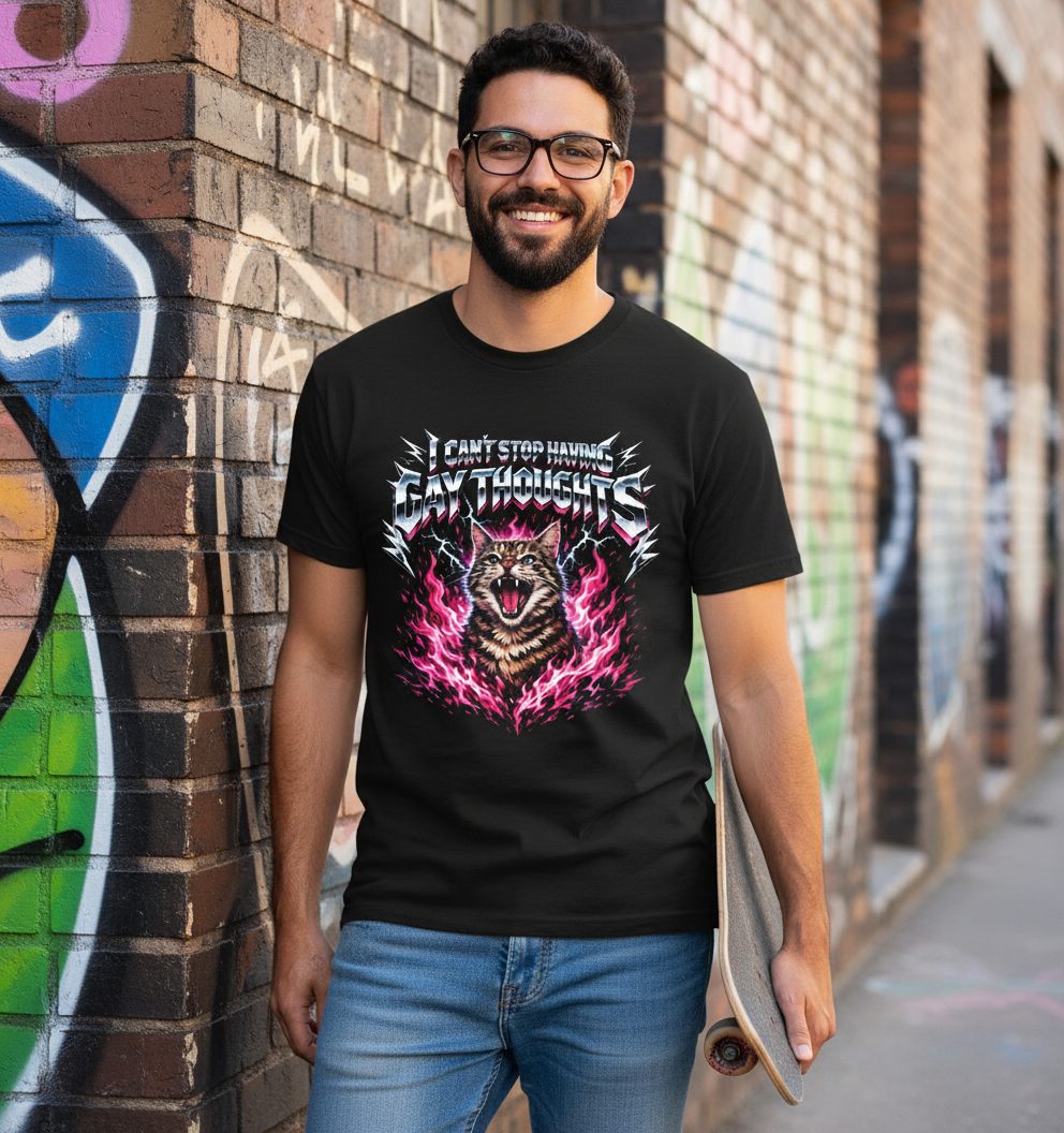 I Can't Stop Having Gay Thoughts cat T-Shirt Black lifestyle mockup