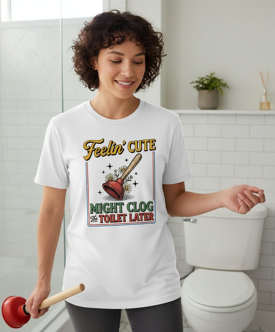 Feelin' Cute MIGHT CLOG the TOILET LATER Funny Plunger T-Shirt - lifestyle model mockup - White