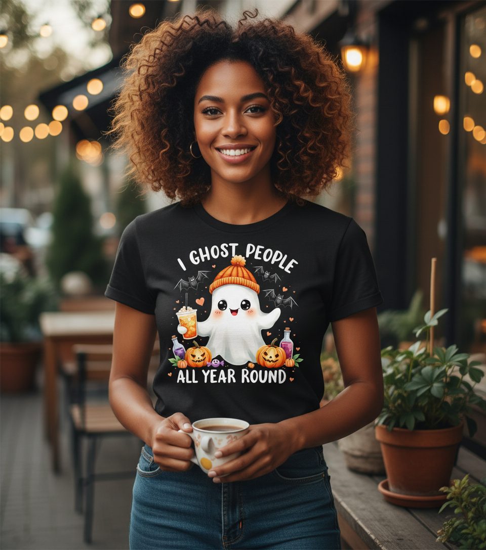I Ghost People All Year Round cute ghost T-Shirt Black lifestyle mockup