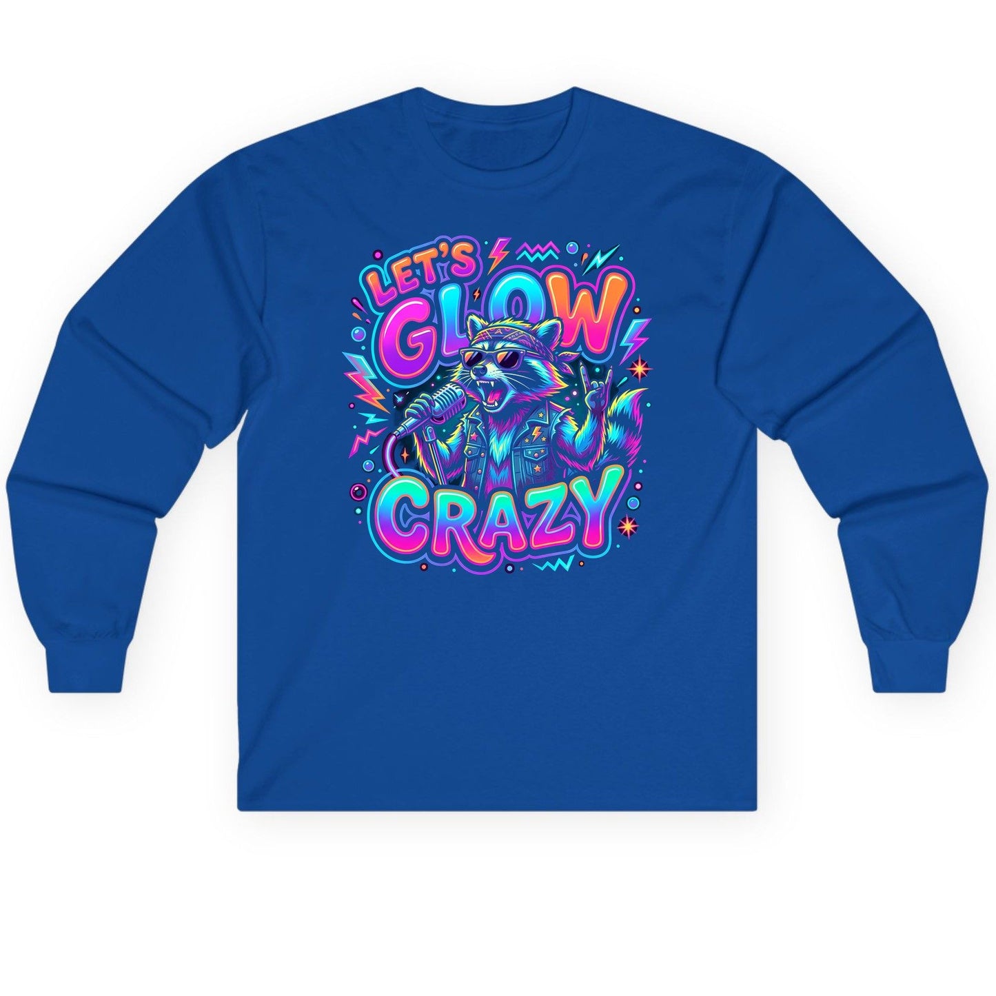 Let's Glow Crazy Funny Rockstar Raccoon Long Sleeve Tee - product mockup - Royal